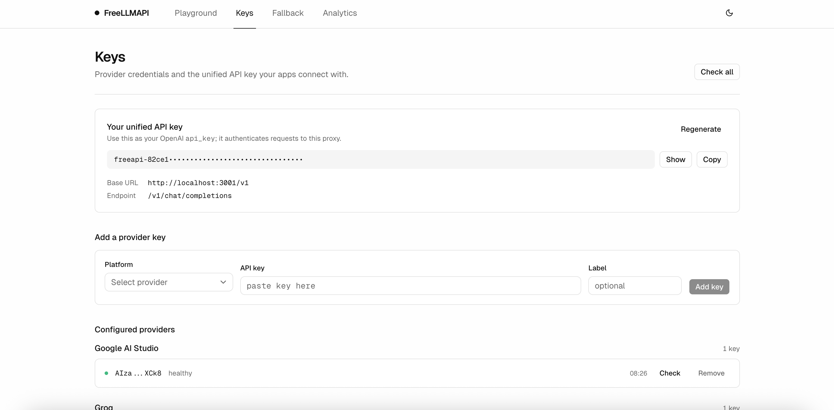 FreeLLMAPI keys dashboard with a unified API key and provider health